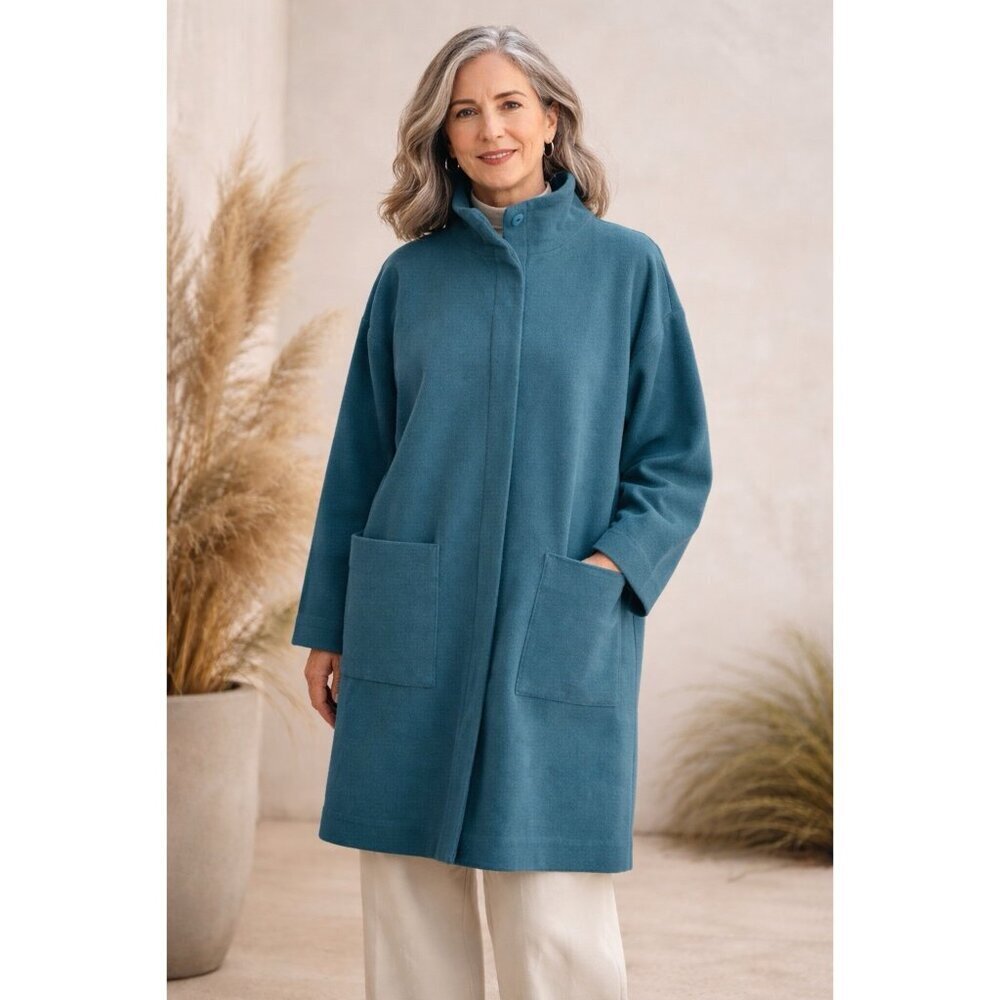 Eileen Fisher Womens Jacket Sz XS Dark Teal Blue Wool Stand Collar Minimalist